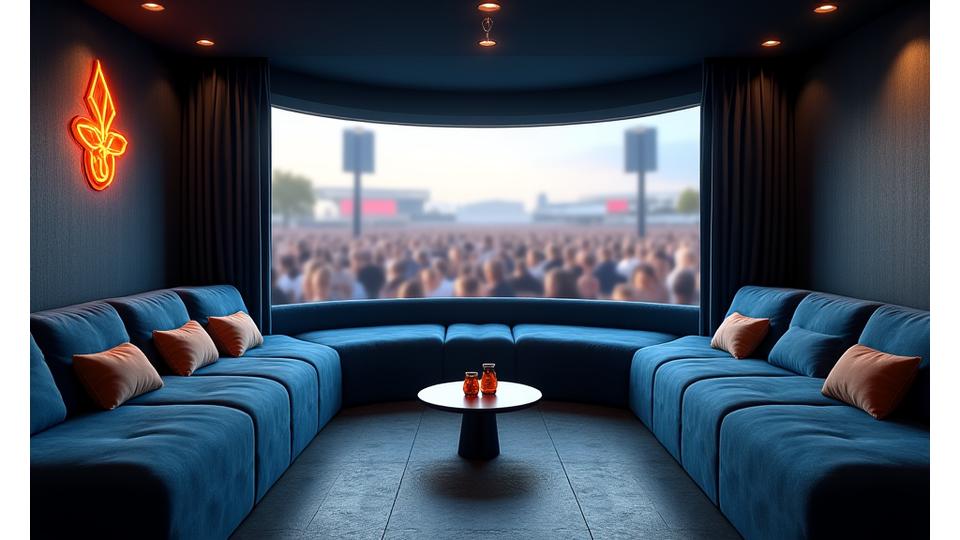Luxurious, minimalist VIP lounge with comfortable, plush seating, soft lighting, and art installations, overlooking a vibrant festival crowd.